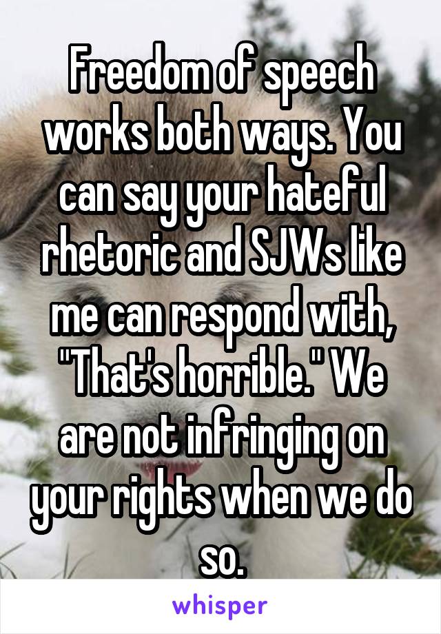 Freedom of speech works both ways. You can say your hateful rhetoric and SJWs like me can respond with, "That's horrible." We are not infringing on your rights when we do so.