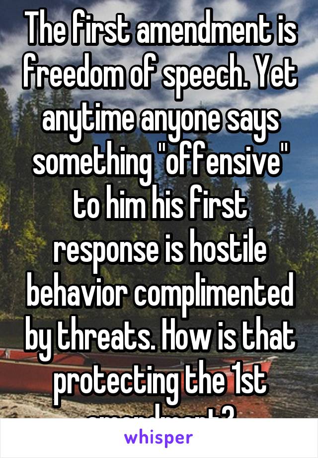 The first amendment is freedom of speech. Yet anytime anyone says something "offensive" to him his first response is hostile behavior complimented by threats. How is that protecting the 1st amendment?