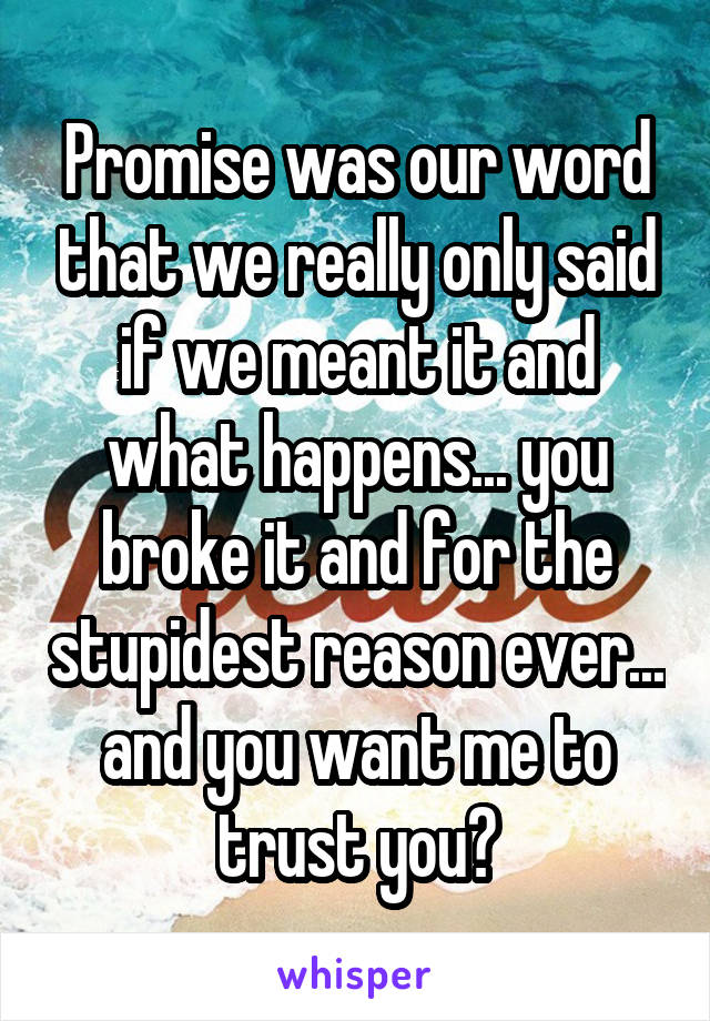 Promise was our word that we really only said if we meant it and what happens... you broke it and for the stupidest reason ever... and you want me to trust you?