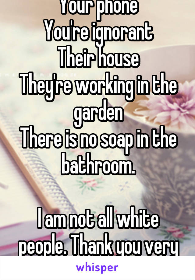 Your phone
You're ignorant
Their house
They're working in the garden
There is no soap in the bathroom.

I am not all white people. Thank you very much.