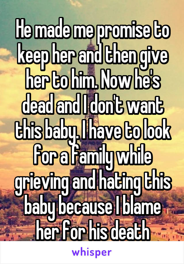 He made me promise to keep her and then give her to him. Now he's dead and I don't want this baby. I have to look for a family while grieving and hating this baby because I blame her for his death
