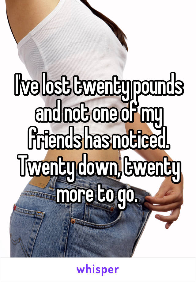 I've lost twenty pounds and not one of my friends has noticed. Twenty down, twenty more to go. 