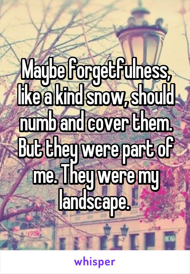 Maybe forgetfulness, like a kind snow, should numb and cover them. But they were part of me. They were my landscape. 