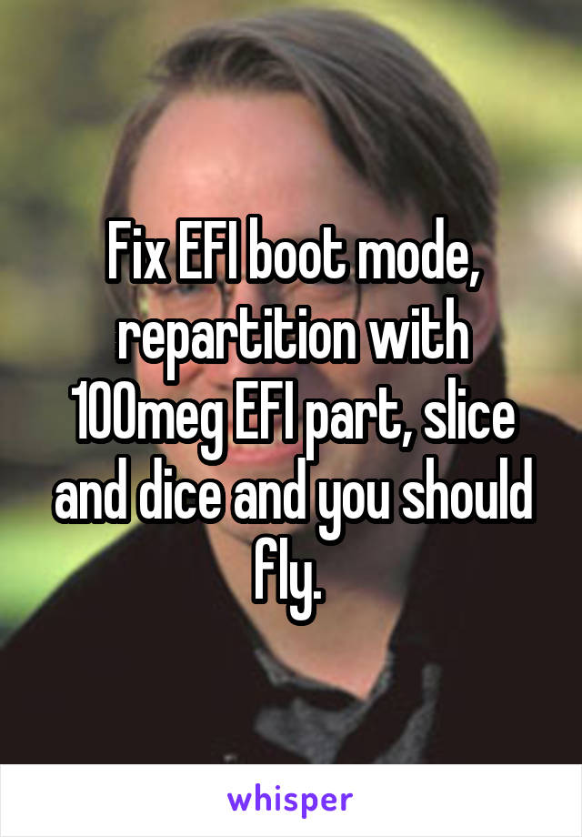 Fix EFI boot mode, repartition with 100meg EFI part, slice and dice and you should fly. 
