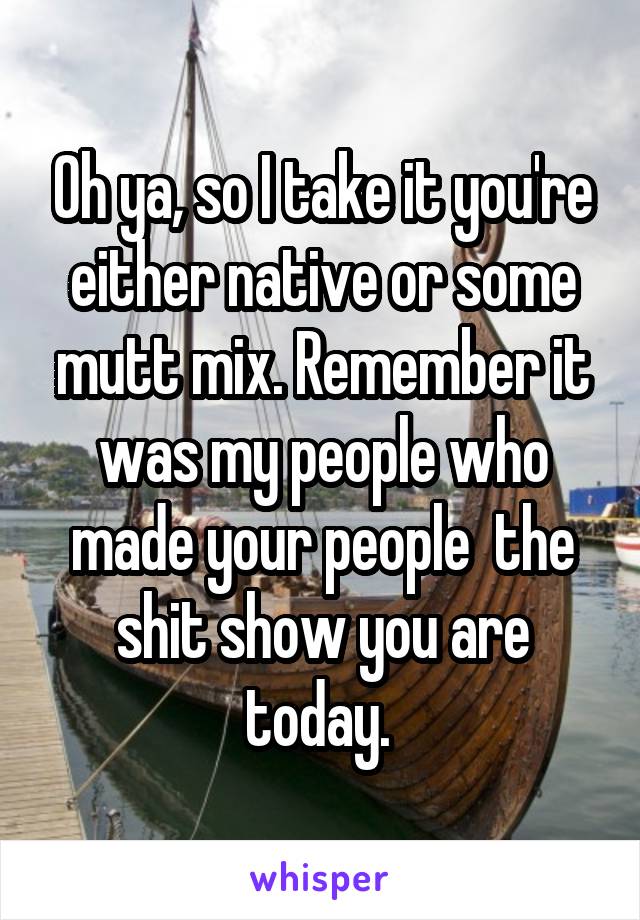 Oh ya, so I take it you're either native or some mutt mix. Remember it was my people who made your people  the shit show you are today. 