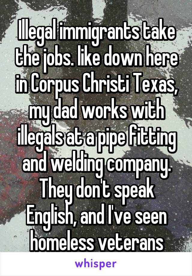 Illegal immigrants take the jobs. like down here in Corpus Christi Texas, my dad works with illegals at a pipe fitting and welding company. They don't speak English, and I've seen homeless veterans