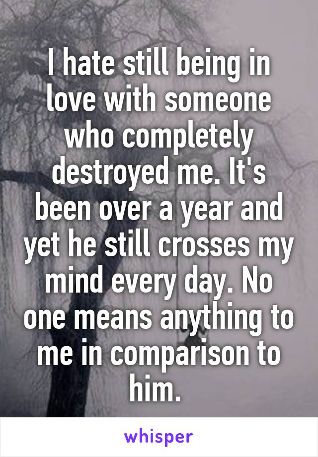 I hate still being in love with someone who completely destroyed me. It's been over a year and yet he still crosses my mind every day. No one means anything to me in comparison to him. 