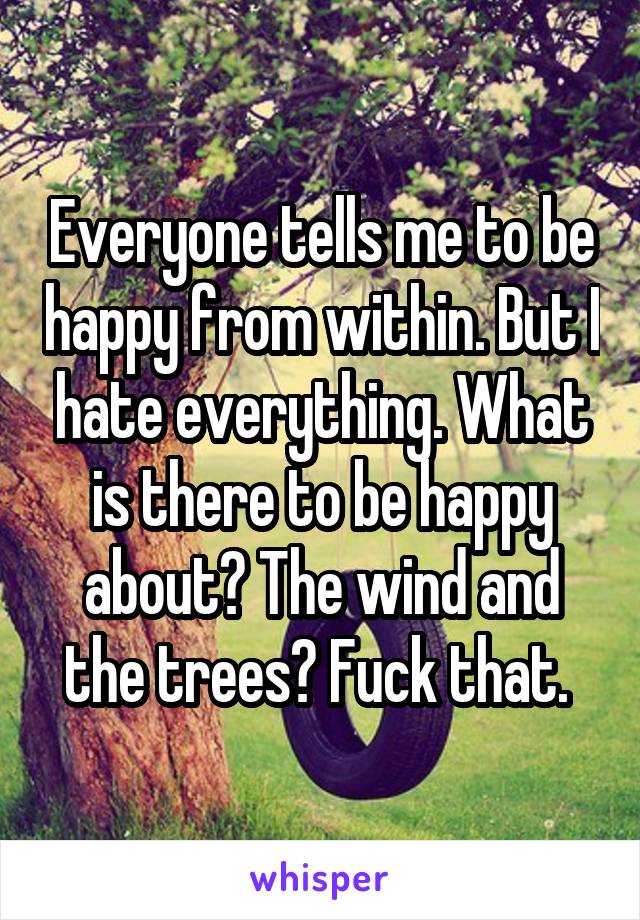 Everyone tells me to be happy from within. But I hate everything. What is there to be happy about? The wind and the trees? Fuck that. 