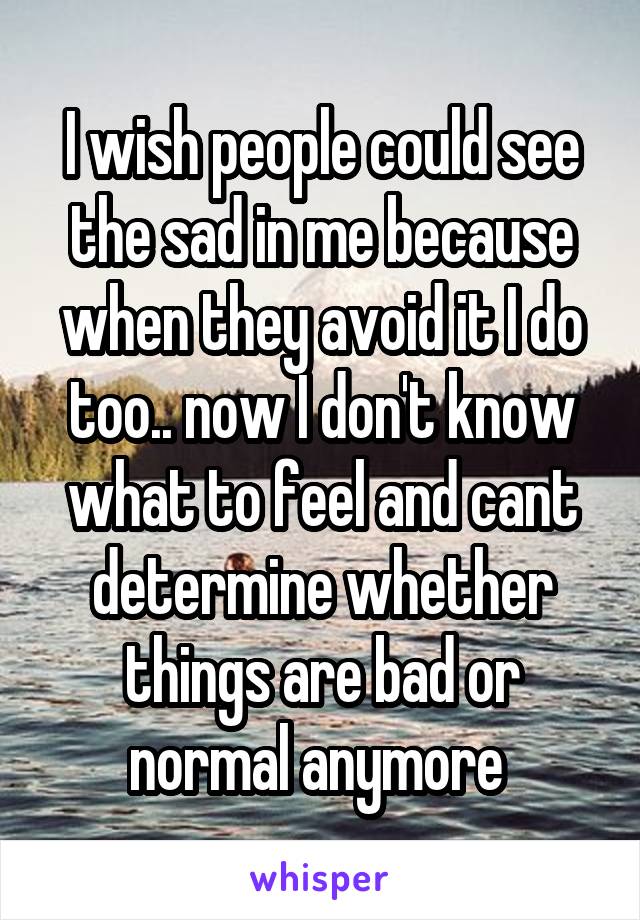 I wish people could see the sad in me because when they avoid it I do too.. now I don't know what to feel and cant determine whether things are bad or normal anymore 