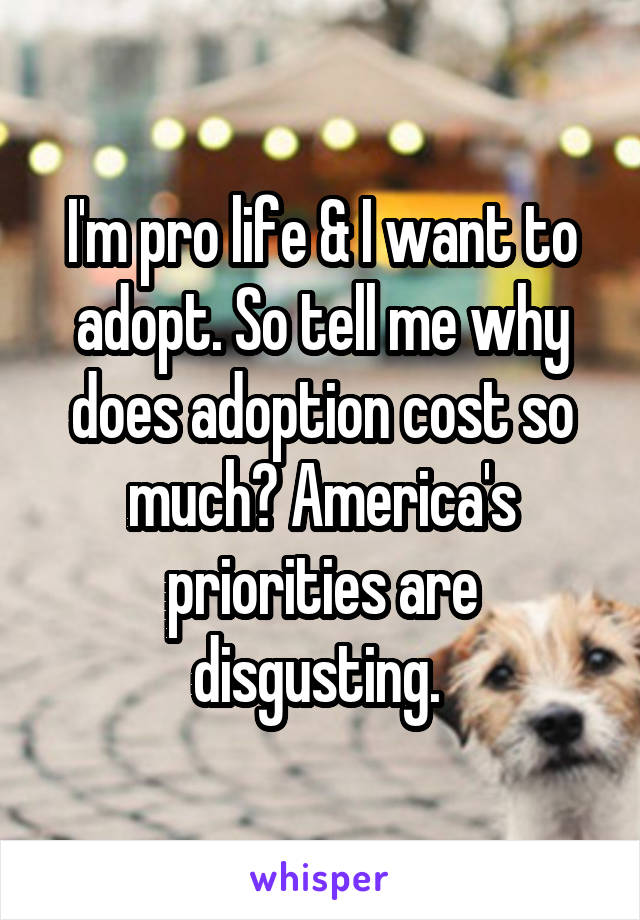 I'm pro life & I want to adopt. So tell me why does adoption cost so much? America's priorities are disgusting. 