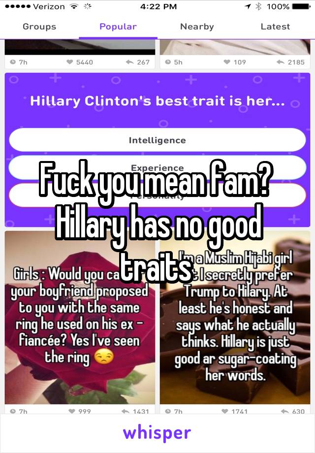 Fuck you mean fam?  Hillary has no good traits 
