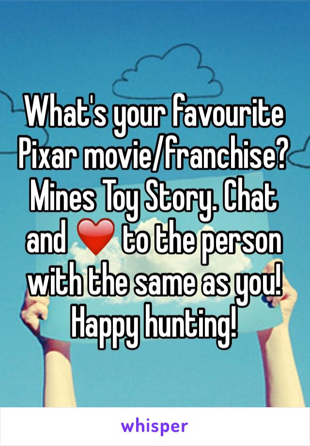 What's your favourite Pixar movie/franchise? Mines Toy Story. Chat and ❤️ to the person with the same as you! Happy hunting!