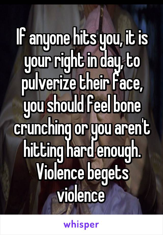If anyone hits you, it is your right in day, to pulverize their face, you should feel bone crunching or you aren't hitting hard enough. Violence begets violence 