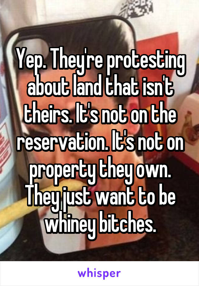 Yep. They're protesting about land that isn't theirs. It's not on the reservation. It's not on property they own. They just want to be whiney bitches.