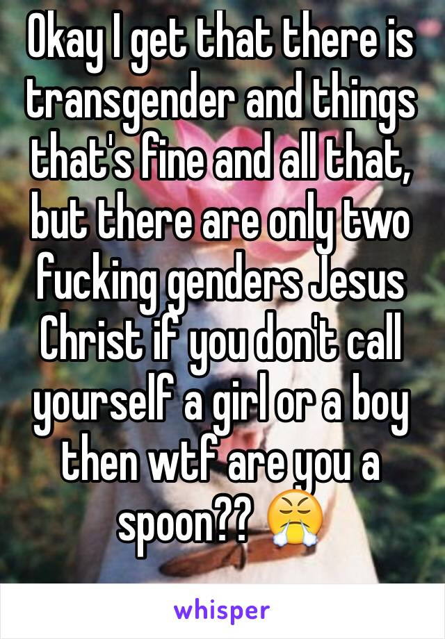Okay I get that there is transgender and things that's fine and all that, but there are only two fucking genders Jesus Christ if you don't call yourself a girl or a boy then wtf are you a spoon?? 😤