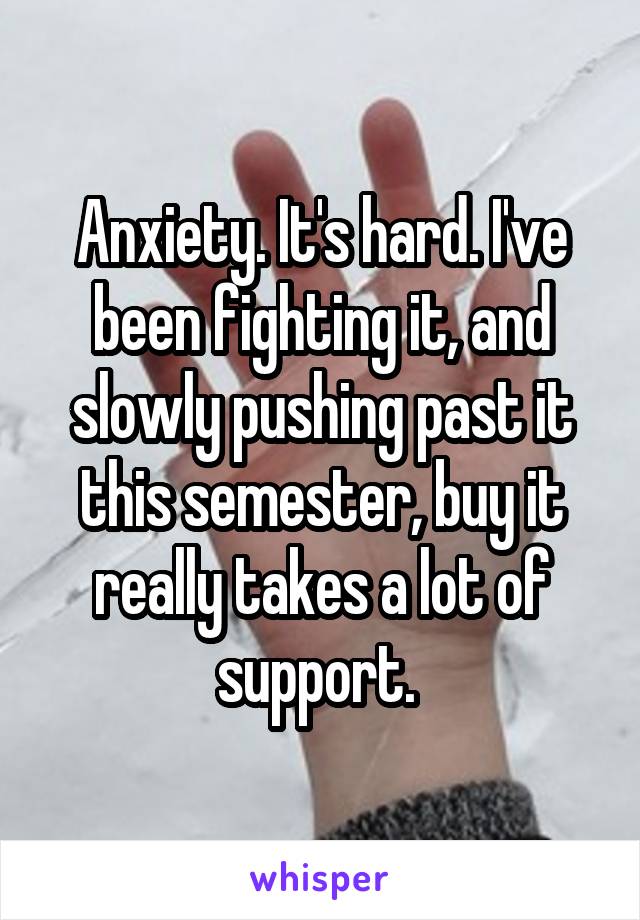 Anxiety. It's hard. I've been fighting it, and slowly pushing past it this semester, buy it really takes a lot of support. 
