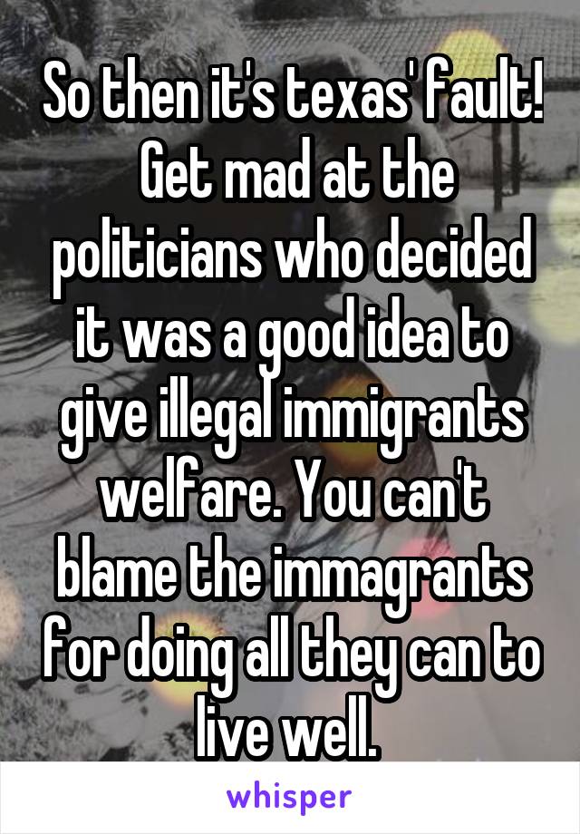 So then it's texas' fault!  Get mad at the politicians who decided it was a good idea to give illegal immigrants welfare. You can't blame the immagrants for doing all they can to live well. 