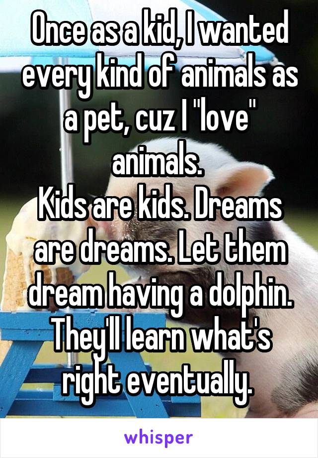 Once as a kid, I wanted every kind of animals as a pet, cuz I "love" animals. 
Kids are kids. Dreams are dreams. Let them dream having a dolphin. They'll learn what's right eventually. 
 