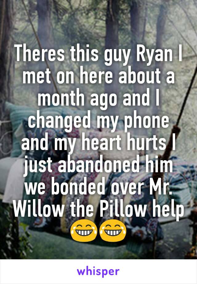 Theres this guy Ryan I met on here about a month ago and I changed my phone and my heart hurts I just abandoned him we bonded over Mr. Willow the Pillow help 😂😂