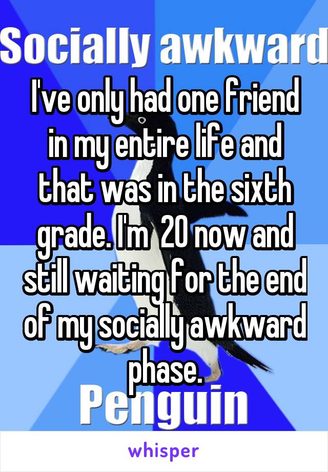 I've only had one friend in my entire life and that was in the sixth grade. I'm  20 now and still waiting for the end of my socially awkward phase.