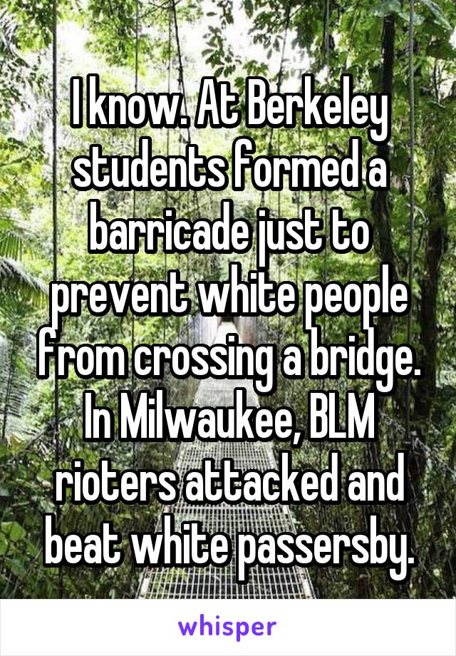 I know. At Berkeley students formed a barricade just to prevent white people from crossing a bridge. In Milwaukee, BLM rioters attacked and beat white passersby.