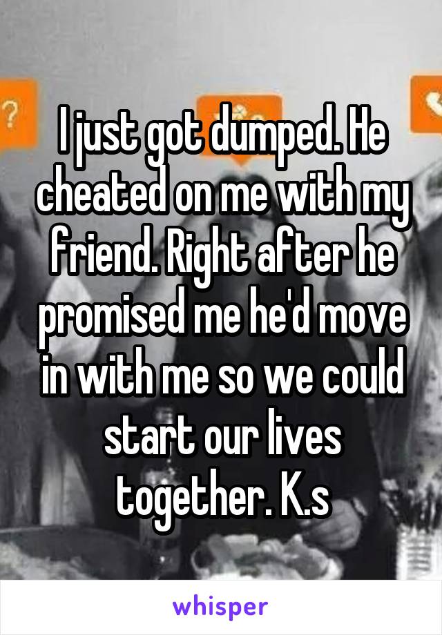 I just got dumped. He cheated on me with my friend. Right after he promised me he'd move in with me so we could start our lives together. K.s