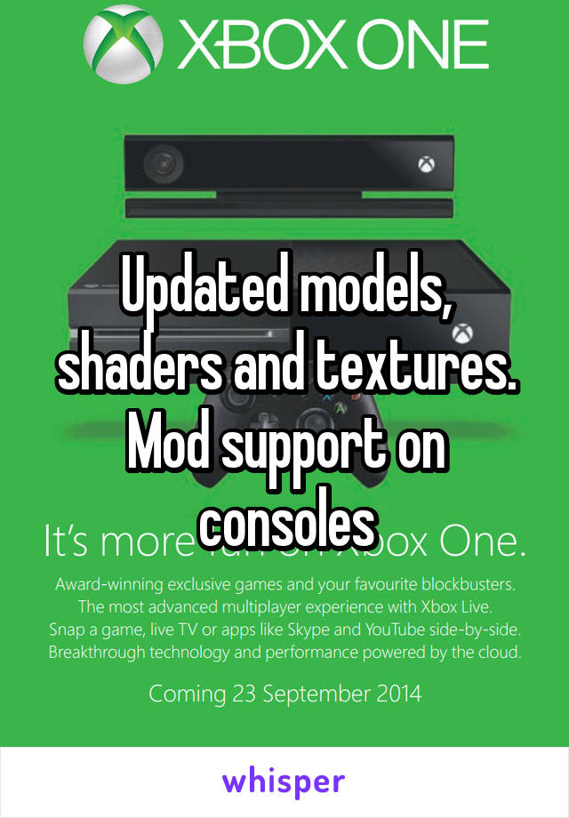 Updated models, shaders and textures. Mod support on consoles