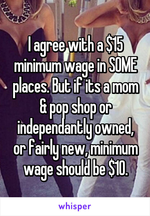 I agree with a $15 minimum wage in SOME places. But if its a mom & pop shop or independantly owned, or fairly new, minimum wage should be $10.