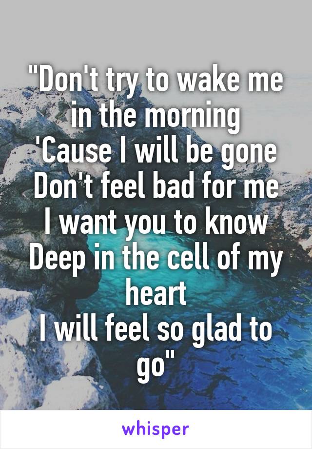 "Don't try to wake me in the morning
'Cause I will be gone
Don't feel bad for me
I want you to know
Deep in the cell of my heart
I will feel so glad to go"