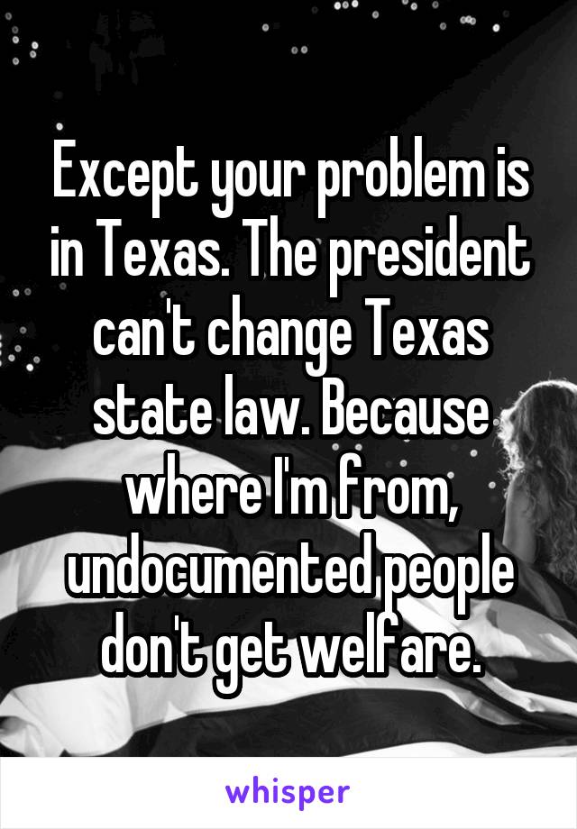 Except your problem is in Texas. The president can't change Texas state law. Because where I'm from, undocumented people don't get welfare.