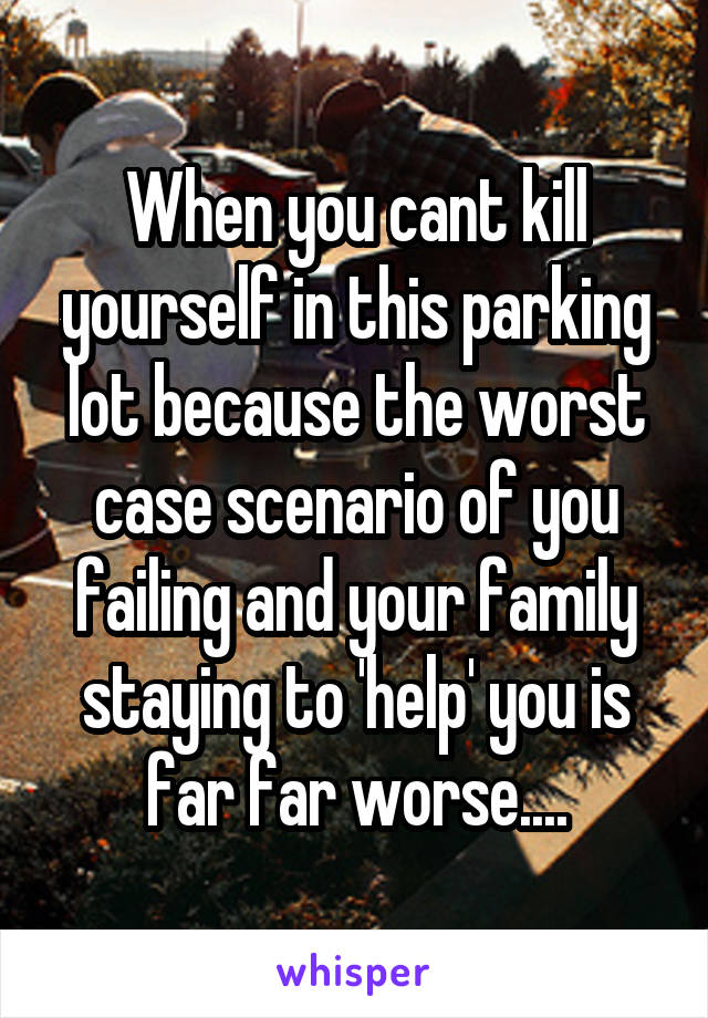 When you cant kill yourself in this parking lot because the worst case scenario of you failing and your family staying to 'help' you is far far worse....