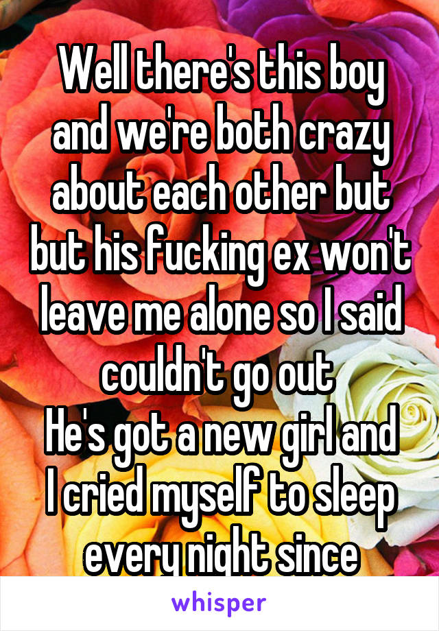 Well there's this boy and we're both crazy about each other but but his fucking ex won't leave me alone so I said couldn't go out 
He's got a new girl and I cried myself to sleep every night since