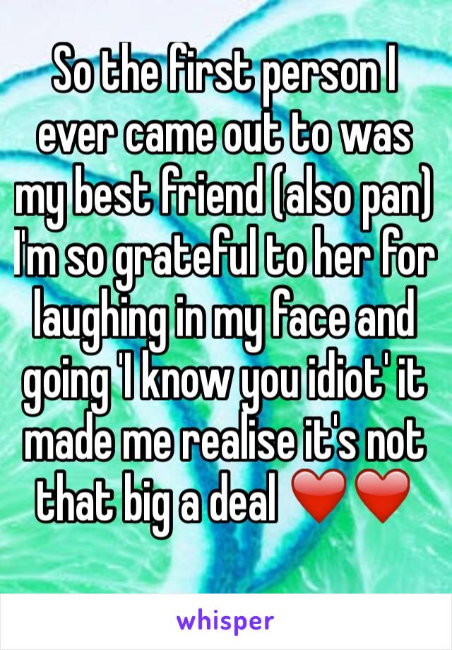 So the first person I ever came out to was my best friend (also pan) I'm so grateful to her for laughing in my face and going 'I know you idiot' it made me realise it's not that big a deal ❤️❤️