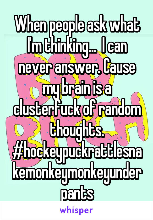 When people ask what I'm thinking...  I can never answer. Cause my brain is a clusterfuck of random thoughts. #hockeypuckrattlesnakemonkeymonkeyunderpants