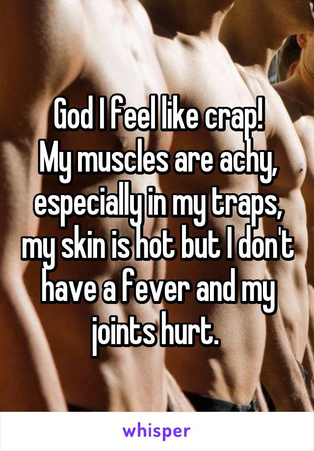 God I feel like crap!
My muscles are achy, especially in my traps, my skin is hot but I don't have a fever and my joints hurt. 