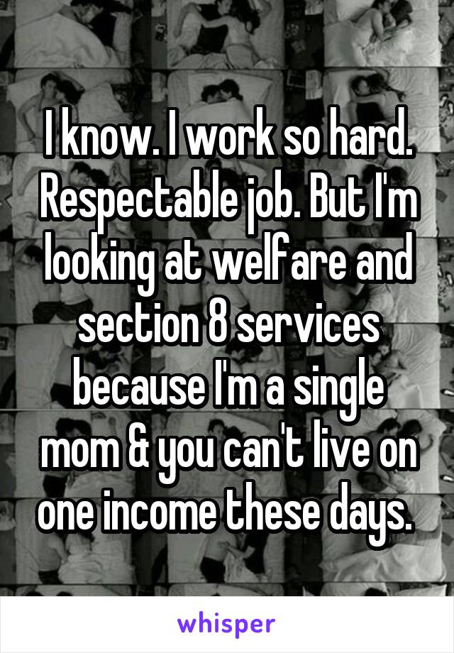 I know. I work so hard. Respectable job. But I'm looking at welfare and section 8 services because I'm a single mom & you can't live on one income these days. 