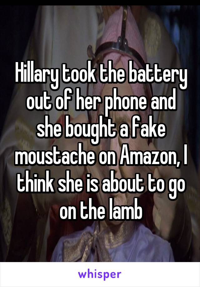 Hillary took the battery out of her phone and she bought a fake moustache on Amazon, I think she is about to go on the lamb
