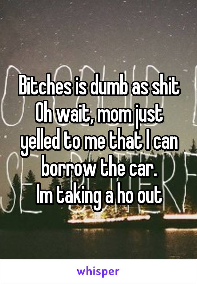 Bitches is dumb as shit
Oh wait, mom just yelled to me that I can borrow the car.
Im taking a ho out