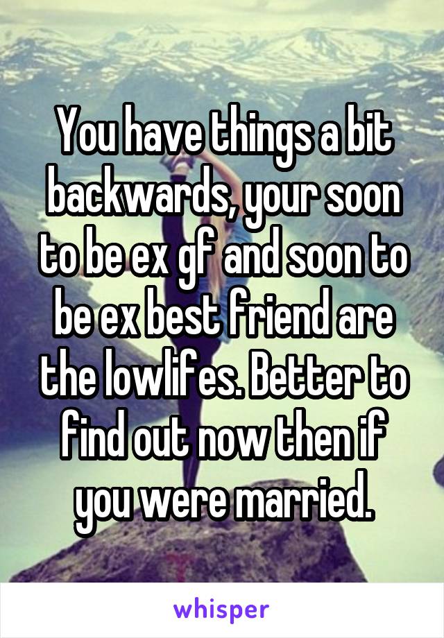 You have things a bit backwards, your soon to be ex gf and soon to be ex best friend are the lowlifes. Better to find out now then if you were married.