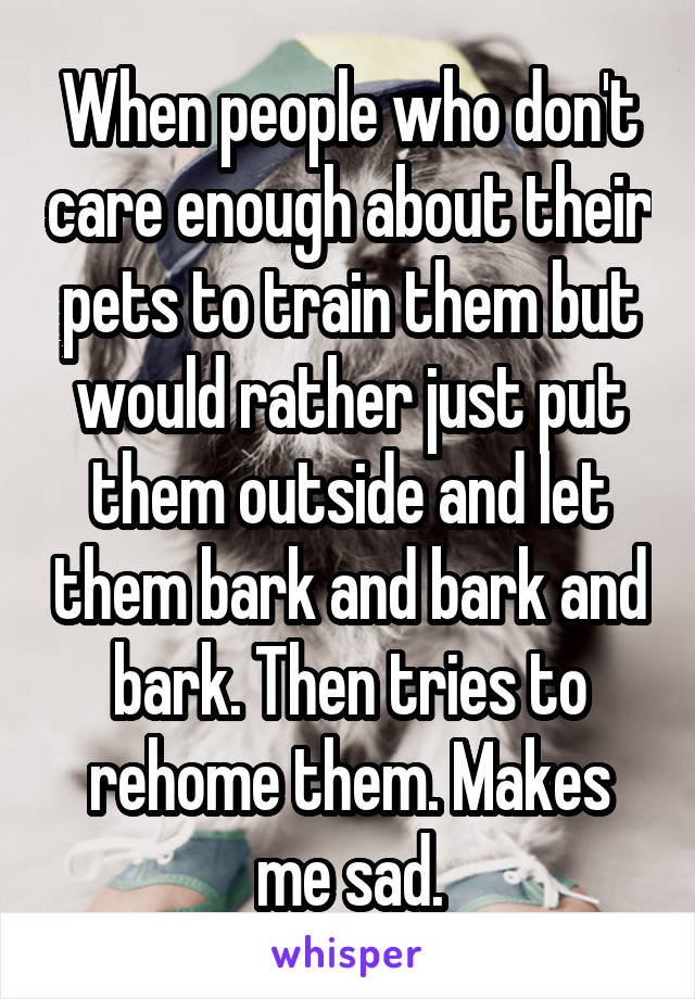 When people who don't care enough about their pets to train them but would rather just put them outside and let them bark and bark and bark. Then tries to rehome them. Makes me sad.