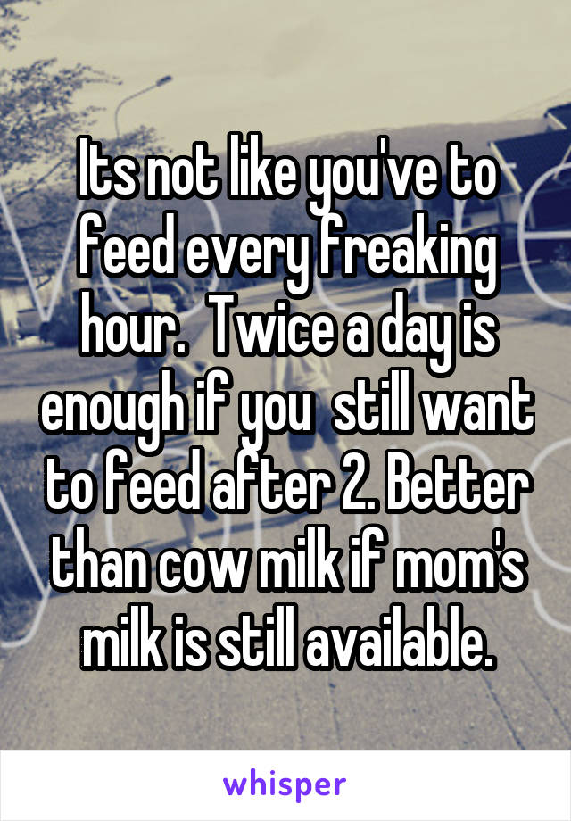 Its not like you've to feed every freaking hour.  Twice a day is enough if you  still want to feed after 2. Better than cow milk if mom's milk is still available.