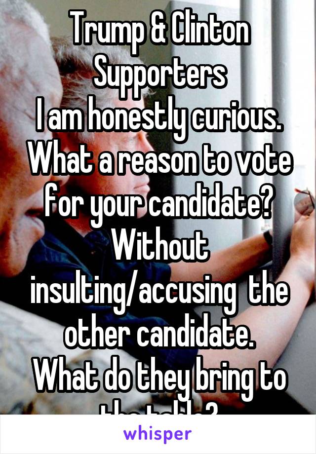 Trump & Clinton Supporters
I am honestly curious. What a reason to vote for your candidate? Without insulting/accusing  the other candidate.
What do they bring to the table?