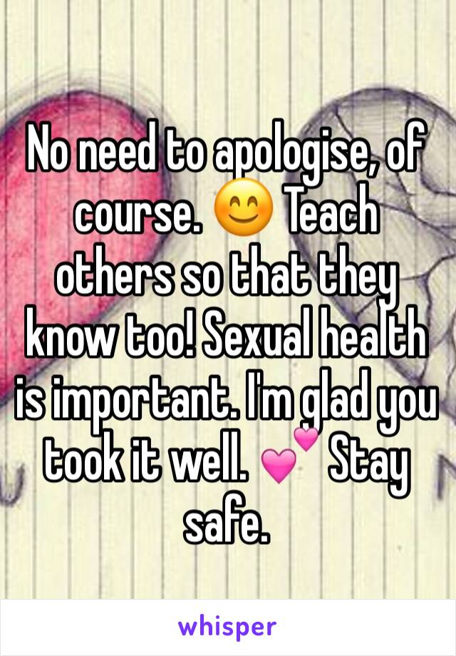No need to apologise, of course. 😊 Teach others so that they know too! Sexual health is important. I'm glad you took it well. 💕 Stay safe.