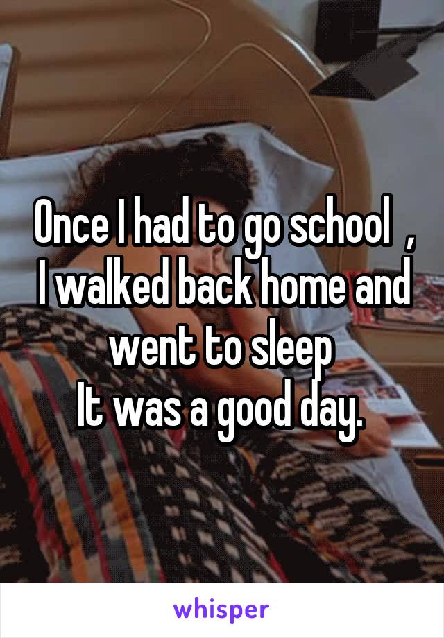 Once I had to go school  , I walked back home and went to sleep 
It was a good day. 