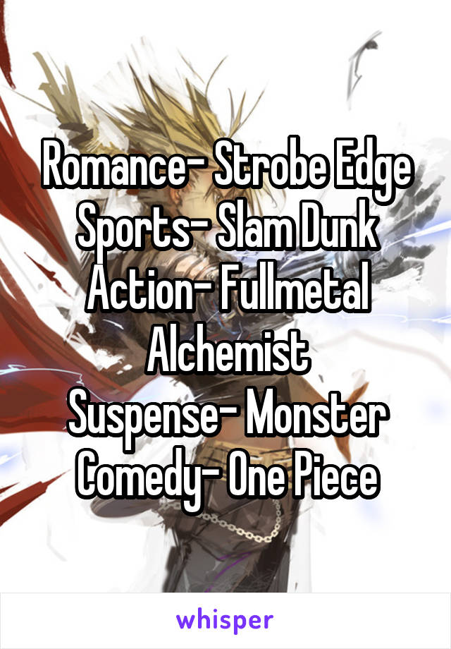 Romance- Strobe Edge
Sports- Slam Dunk
Action- Fullmetal Alchemist
Suspense- Monster
Comedy- One Piece