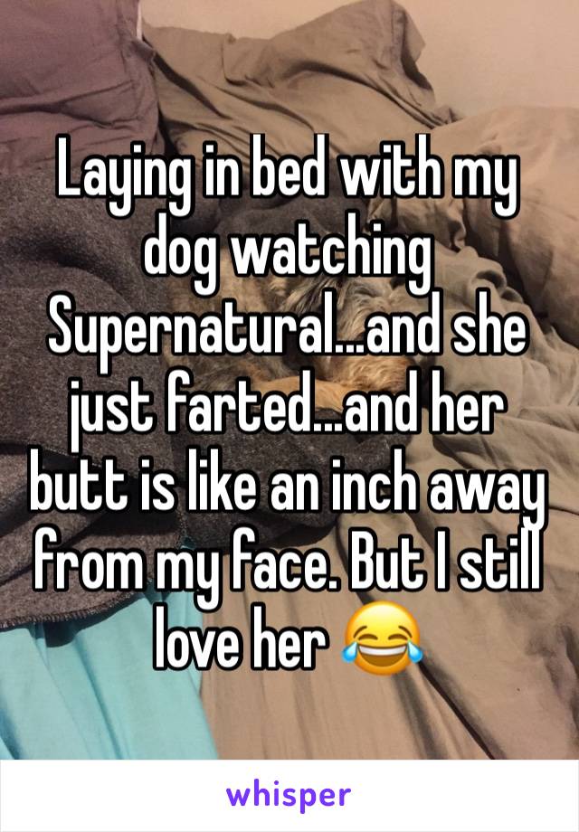 Laying in bed with my dog watching Supernatural...and she just farted...and her butt is like an inch away from my face. But I still love her 😂