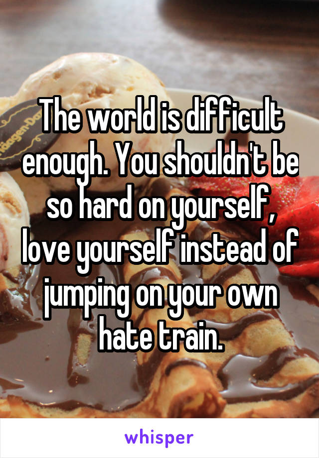 The world is difficult enough. You shouldn't be so hard on yourself, love yourself instead of jumping on your own hate train.