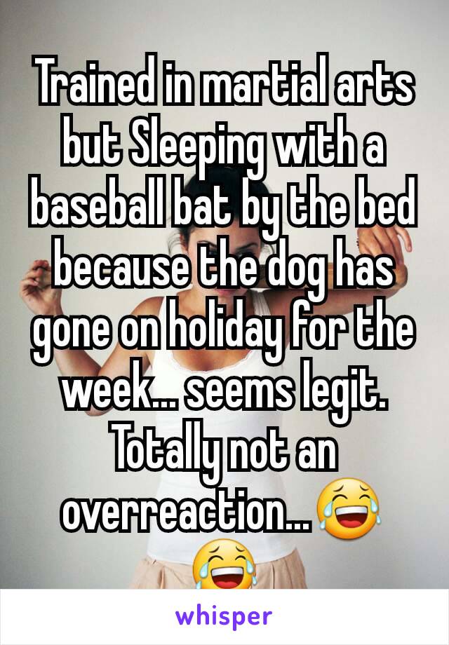 Trained in martial arts but Sleeping with a baseball bat by the bed because the dog has gone on holiday for the week... seems legit. Totally not an overreaction...😂😂
