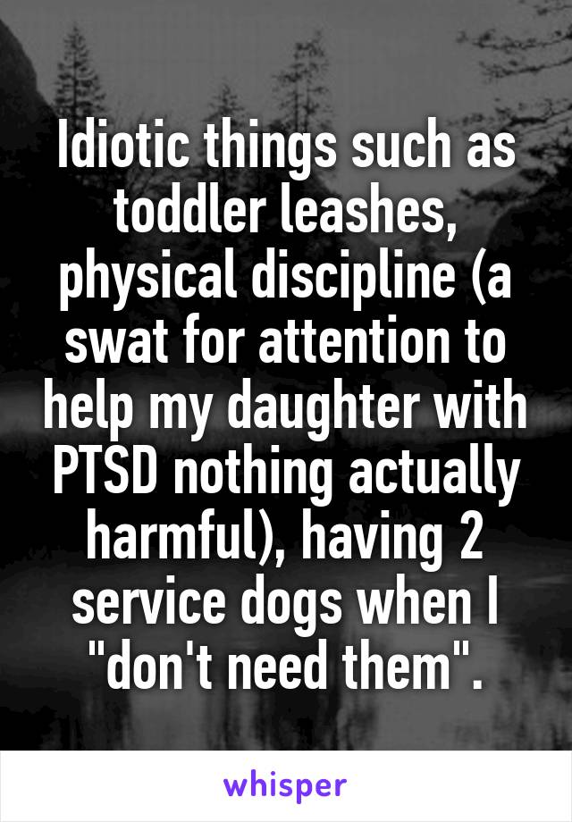 Idiotic things such as toddler leashes, physical discipline (a swat for attention to help my daughter with PTSD nothing actually harmful), having 2 service dogs when I "don't need them".