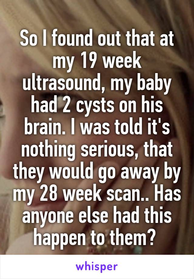 So I found out that at my 19 week ultrasound, my baby had 2 cysts on his brain. I was told it's nothing serious, that they would go away by my 28 week scan.. Has anyone else had this happen to them? 